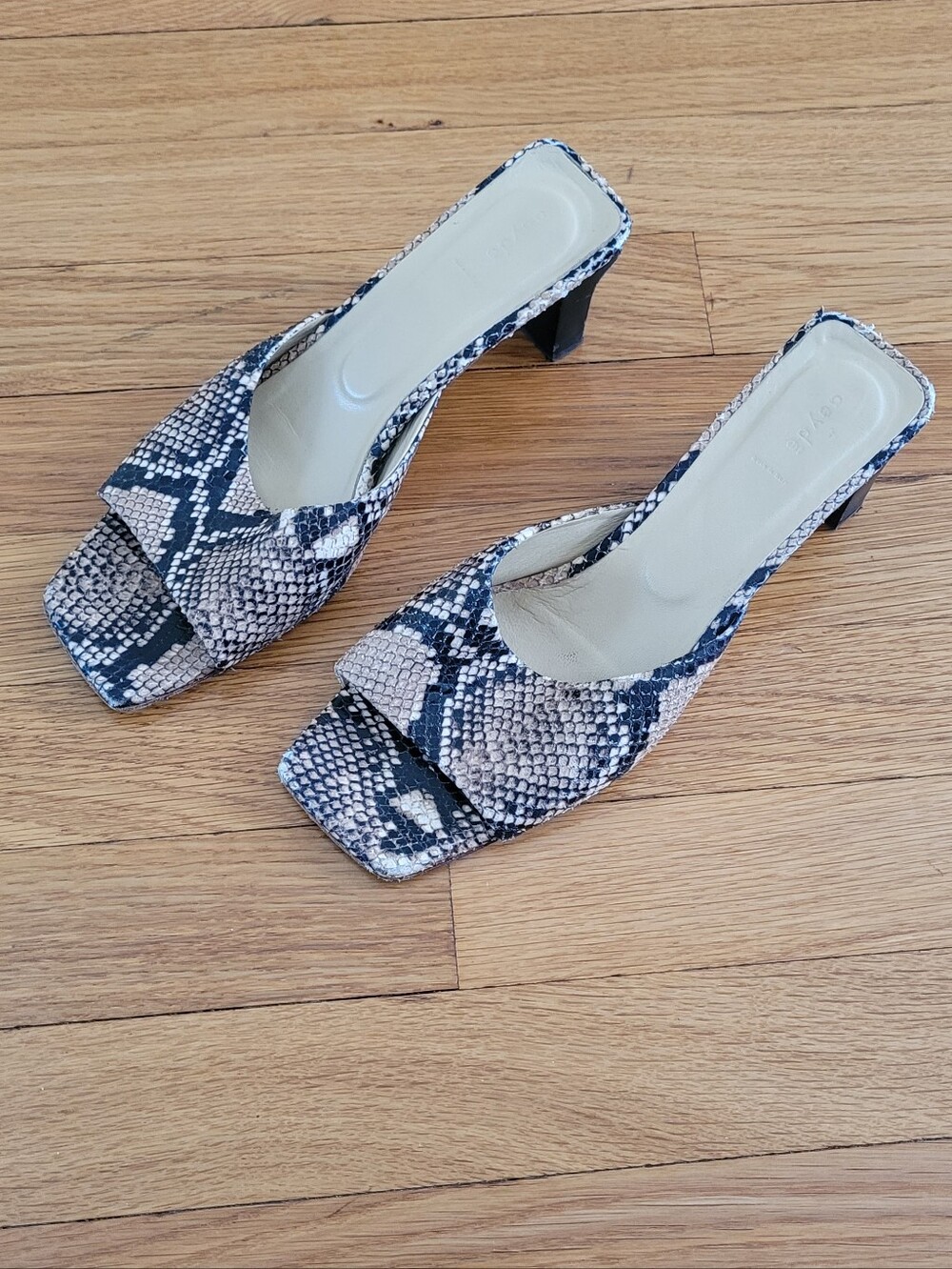 AEYDE SNAKE PRINT LEATHER SQUARE TOE BLOCK HEEL MULES MADE IN ITALY - Picture 8 of 8